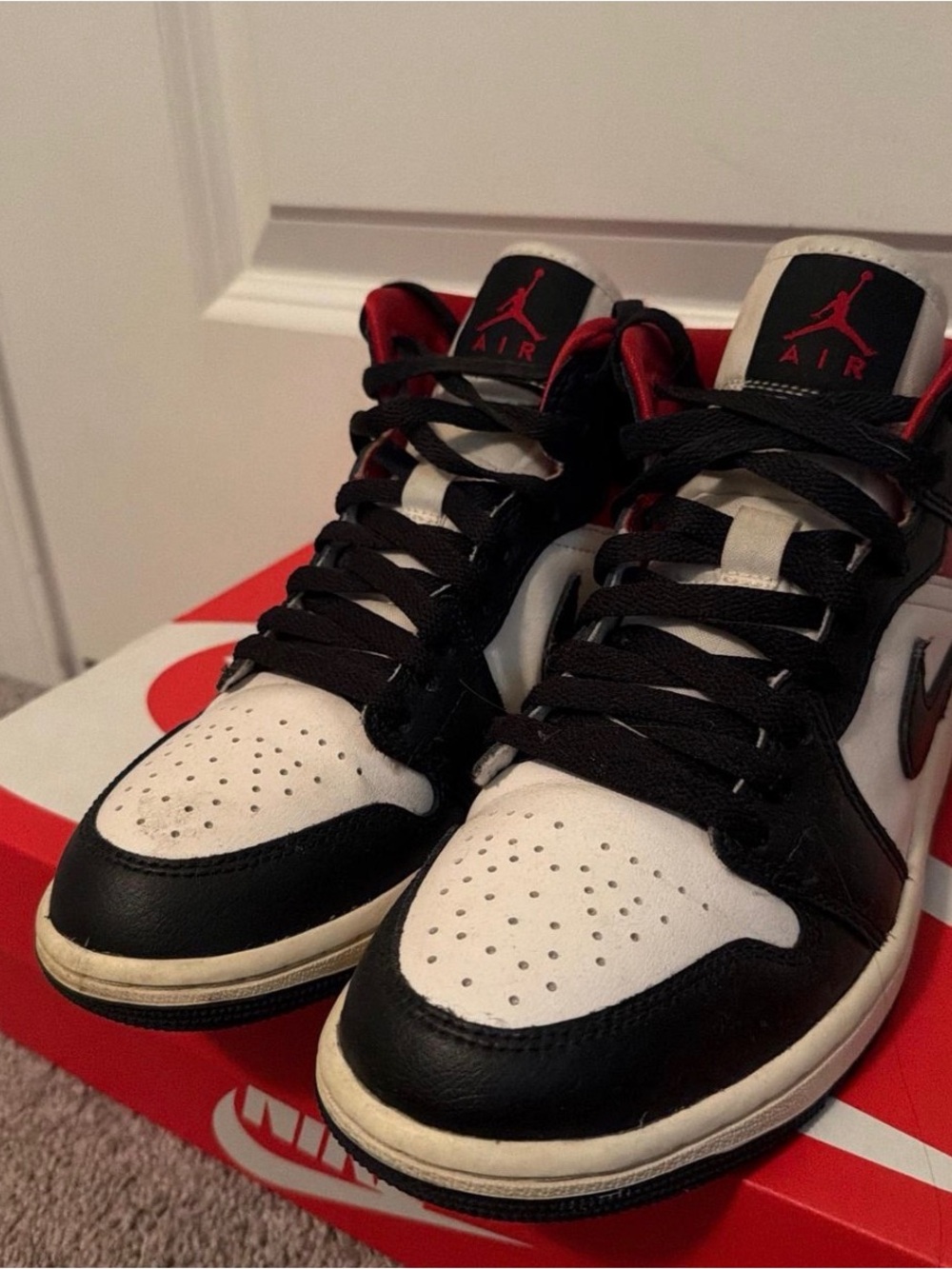 Nike Air Jordan 1 Mid Black White Red Retro Sneakers - Picture 2 of 2
